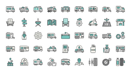 Collection of Truck and Motor Home Related Line Icons: Outline Signs for Graphic and Web Design, Apps, Advertisements, Various Cards, Vector Cartoon Illustration Set, Featuring Campers, Dump Trucks