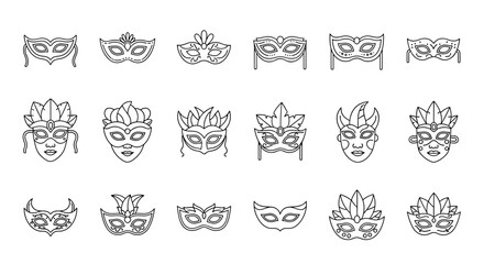 Collection of thin line art carnival masks, suitable for web, books, cards, and apps, presented as a vector cartoon illustration on a white background, featuring editable strokes for versatile design