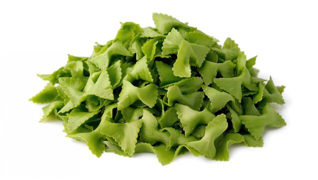 Pile of green spinach bow-tie pasta on a white backdrop. Unique artistic dish, culinary concept, food, isolated, butterfly shape, dining, green hue, menu item, pasta, healthy - Powered by Adobe