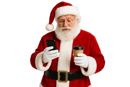 Santa Claus using smartphone. Christmas. Winter holidays. Modern Santa.