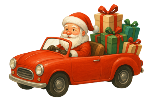 Santa driving red car with gifts. Christmas. Festive delivery.