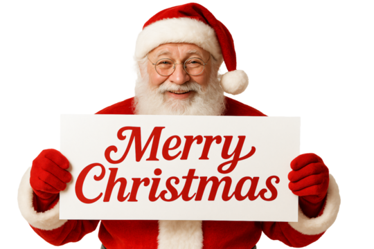 Santa Claus with Merry Christmas board. Holiday greetings. New Year.