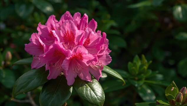 Close-up of pink rhododendron flowers blooming in a garden during spring, seasonal change