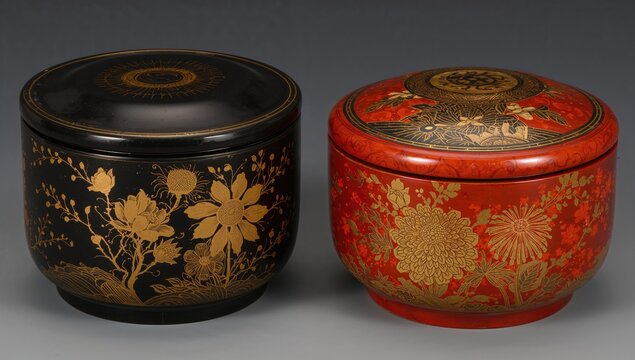 Japanese black lacquer tea caddy featuring gold Genji Guruma makie design, and red lacquer tea caddy with gold makie chrysanthemum design, traditional tea ceremony tools