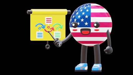 3D American flag character showing process flow chart on yellow board for business strategy concept. - Powered by Adobe