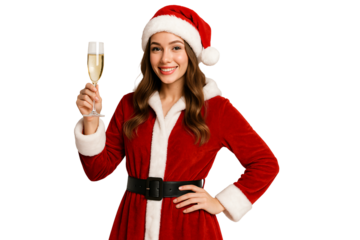 Girl in Santa outfit celebrating New Year. Winter holidays.