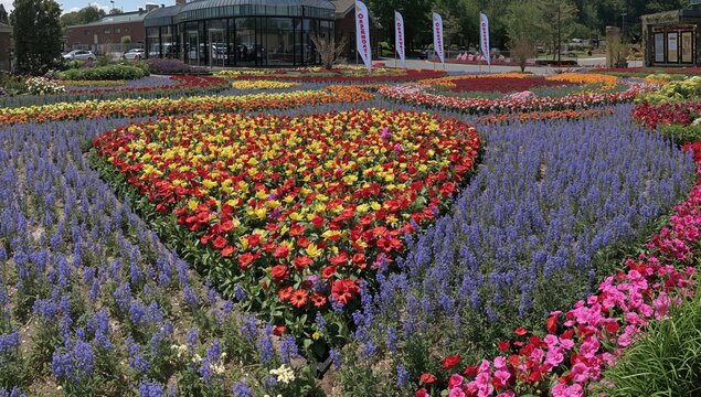 The expansive flower garden features a diverse array of vibrant species, inviting visitors to appreciate natural beauty, seasonal change