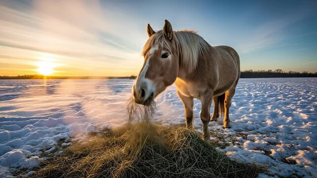 A Beautiful Palomino Horse Standing in Snow at Sunset, Exhaling Warm Breath in a Cold Winter Landscape with Soft Lighting and Golden Horizon