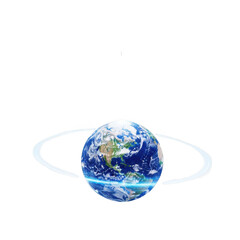 Earth with glowing rings and a small satellite orbiting against a background planet globe isolated on a transparent background