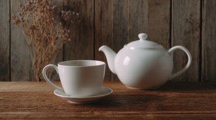 White tea set on wooden table with dry flowers in background, cozy and elegant tea time atmosphere