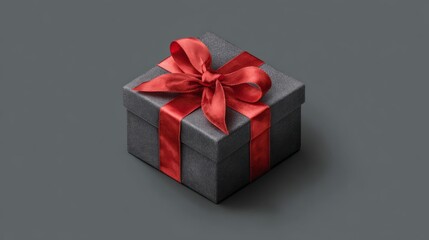 Obraz premium Elegant grey gift box with red ribbon bow on minimal grey background, festive holiday present decoration for christmas, celebrations, and modern seasonal design themes