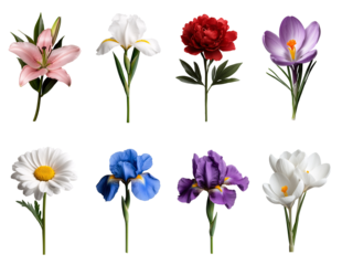 big set collection of flowers like Lilly, iris, marigold, daisy, crocus. floral plant spring set in white purple pink color  isolated on transparent background	
