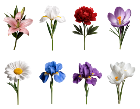 big set collection of flowers like Lilly, iris, marigold, daisy, crocus. floral plant spring set in white purple pink color  isolated on transparent background	