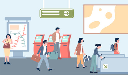 Turnstile entrance in subway. People pass through automated control systems with tickets. Passengers buy ticket in vending machine, route to work, recent vector scene