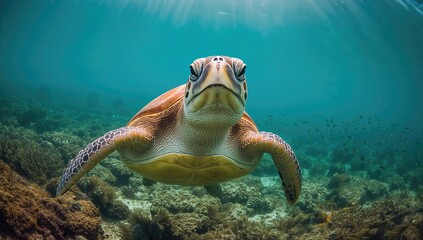 Obraz premium Green sea turtle swimming gracefully, highlighting marine biodiversity