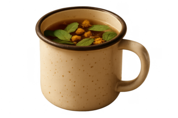 Enamel mug with herbal tea, mint and chamomile