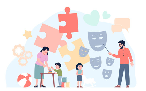 Children autism concept. Therapy for children with psychologist, behavior correction. Training in emotion recognition, social skills, speech, recent vector scene