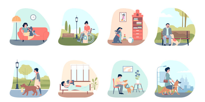 Assistance dogs. Guide dog, support and helping pets with owners and patients. Esa puppy companions. Animals with adults and kids, recent vector scenes