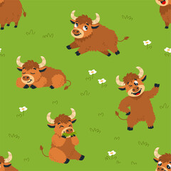 Funny yak seamless pattern. Cartoon yak various poses on green meadow. Funny childish farm cattle animals. Cute print template design, classy vector background