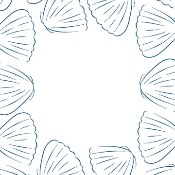 Seashell square border in line art style on a white background. Perfect for marine themed design and decoration.