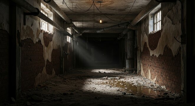 Abandoned industrial basement corridor with rustic brick walls and dim lighting - Powered by Adobe