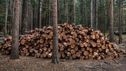 Large Stack Of Cut Tree Logs In A Forest, Potential Indicators Of Deforestation