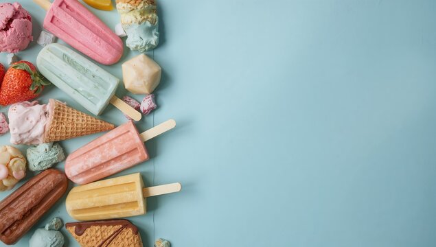 Variety of vibrant pastel ice cream cones and popsicle frozen treats for summer. Top-down perspective with side border on a blue backdrop. Space for text.