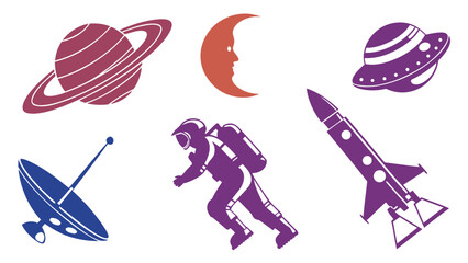 Celestial Collection: A whimsical illustration showcases a collection of space-themed elements, including a vibrant planet with rings, a crescent moon with a face, a flying saucer, a satellite dish.