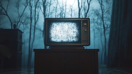 An old, retro television set displaying static in a dark, foggy forest, creating an eerie and mysterious atmosphere of suspense and isolation