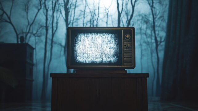 An old, retro television set displaying static in a dark, foggy forest, creating an eerie and mysterious atmosphere of suspense and isolation