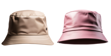 set of a classic beige pink and grey bucket hat with a simple design, summer accessories and cloth isolated on transparent background