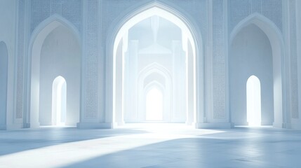 Soft white blue Ramadan Kareem background with a mosque arch in a white mosque during Ramadan Kareem.