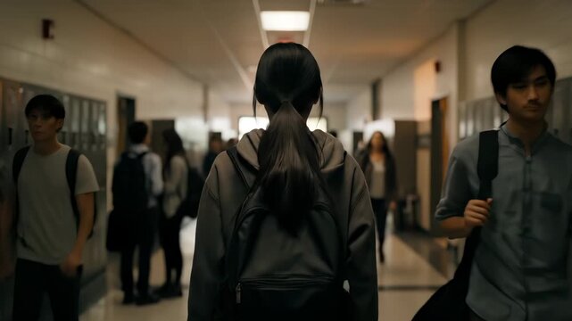 student in hoodie with backpack and headphone walks down hallway lined with locker doors. silhouette moves among crowd. walking through school corridor during passing period. low light adds contrast.