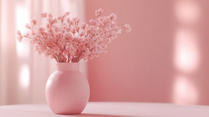 Pink vase that sits on top of a table with pink romantic flowers sunlight from window minimal room decoration.