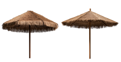set of classic round straw beach umbrella with a wooden pole, isolated on a transparent background
