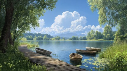 Lake serene with rowboats and old wooden bridges, peaceful water with a fresh environment and a beautiful sky illustration hand paint.