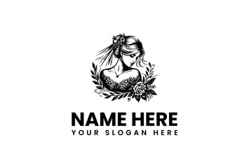 Elegant Bridal Logo Design Featuring a Bride Surrounded by Floral Elements and Space for Your Name and Slogan