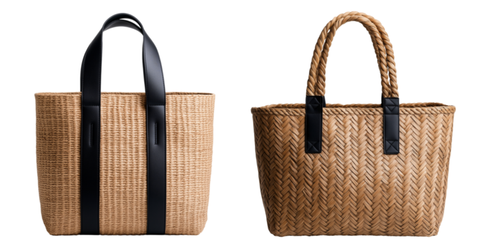 A large straw beach tote with an elegant chevron pattern and braided handles isolated on a transparent background