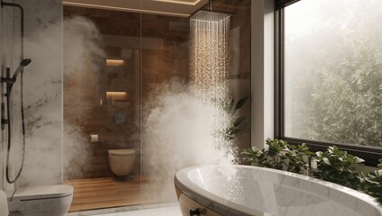 Bathroom shower with flowing water, maintenance focus