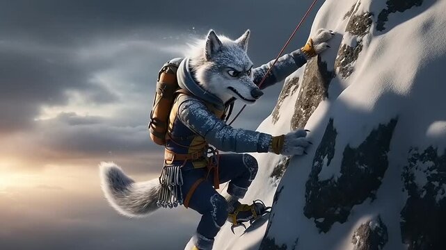 Determined anthropomorphic wolf mountaineer scales a treacherous snowy peak at dawn, embodying resilience and adventure in the face of extreme challenges.