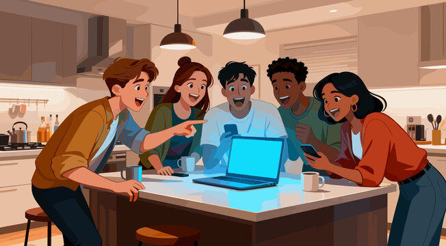 A multicultural group of young friends collaborates excitedly around a glowing laptop and smartphones in a modern kitchen. Concept of teamwork, startup, or social media