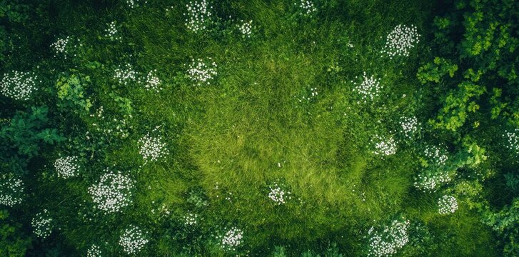 Grass field and flower background wallpaper top view.