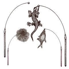 A set of fishing rods with various baits for playing with cats. Vector image drawn in graphic style.