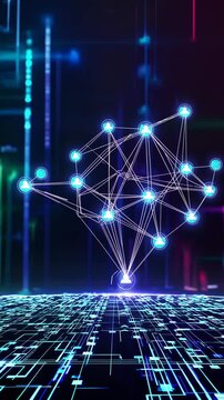 Futuristic video concept with a low-angle view of a digital network. Glowing nodes and lines connect in a virtual space with neon lights.