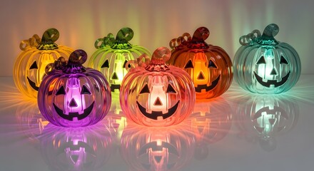 Collection of illuminated glass pumpkins in various vibrant colors casting a warm glow for halloween decoration