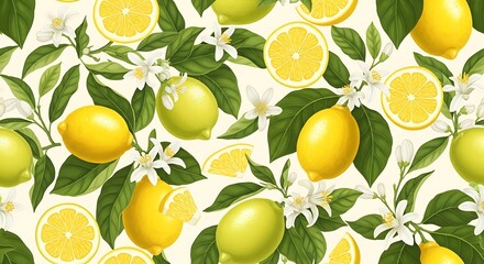 Vibrant Lemon and Blossom Pattern - A Fresh Citrus Delight.