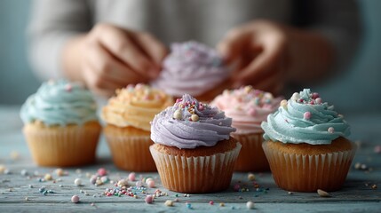 Close-up of hands decorating cupcakes