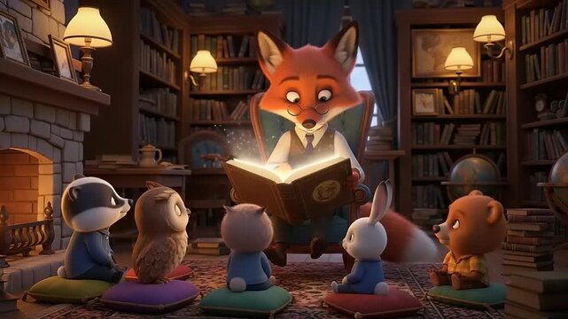 Enchanting Story Time - A Wise Fox Reads to Adorable Forest Animals in a Cozy Library Setting.