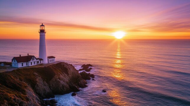 Majestic lighthouse standing tall on a rocky cliff overlooking the ocean at sunset, with a vibrant orange and purple sky reflecting on the water - Powered by Adobe