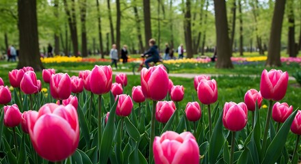Vibrant pink tulips bloom in a lush green garden with trees and people.